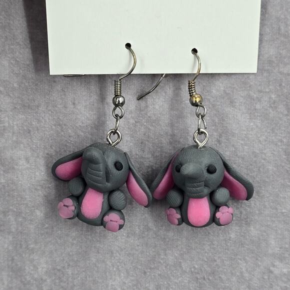 Gray Elephant Floppy Ears Dangle Hook Earrings Boho Fashion Jewelry - Picture 2 of 5